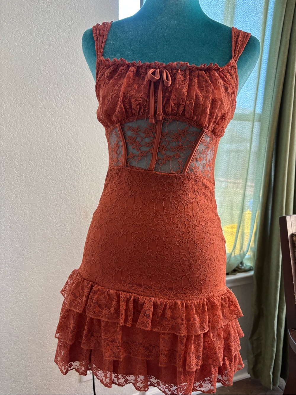 ONE CLOTHING Terracotta Lace Babydoll, Grunge Mini Dress Coquette Corset Size S